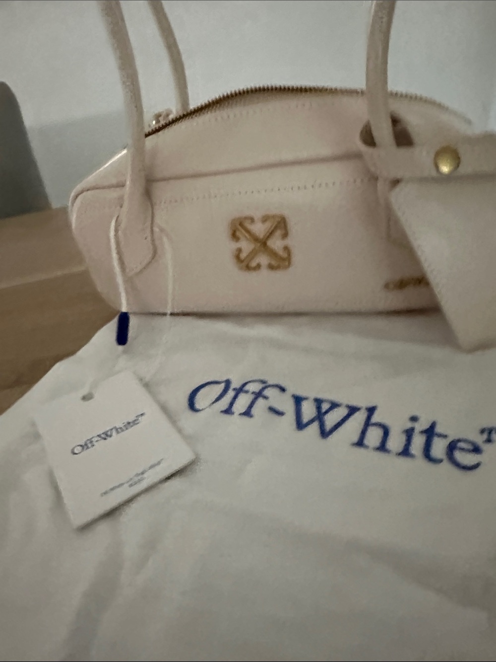 Off-White Pale Cream Leather Shoulder Bag with Gold Hardware - Picture 6 of 9